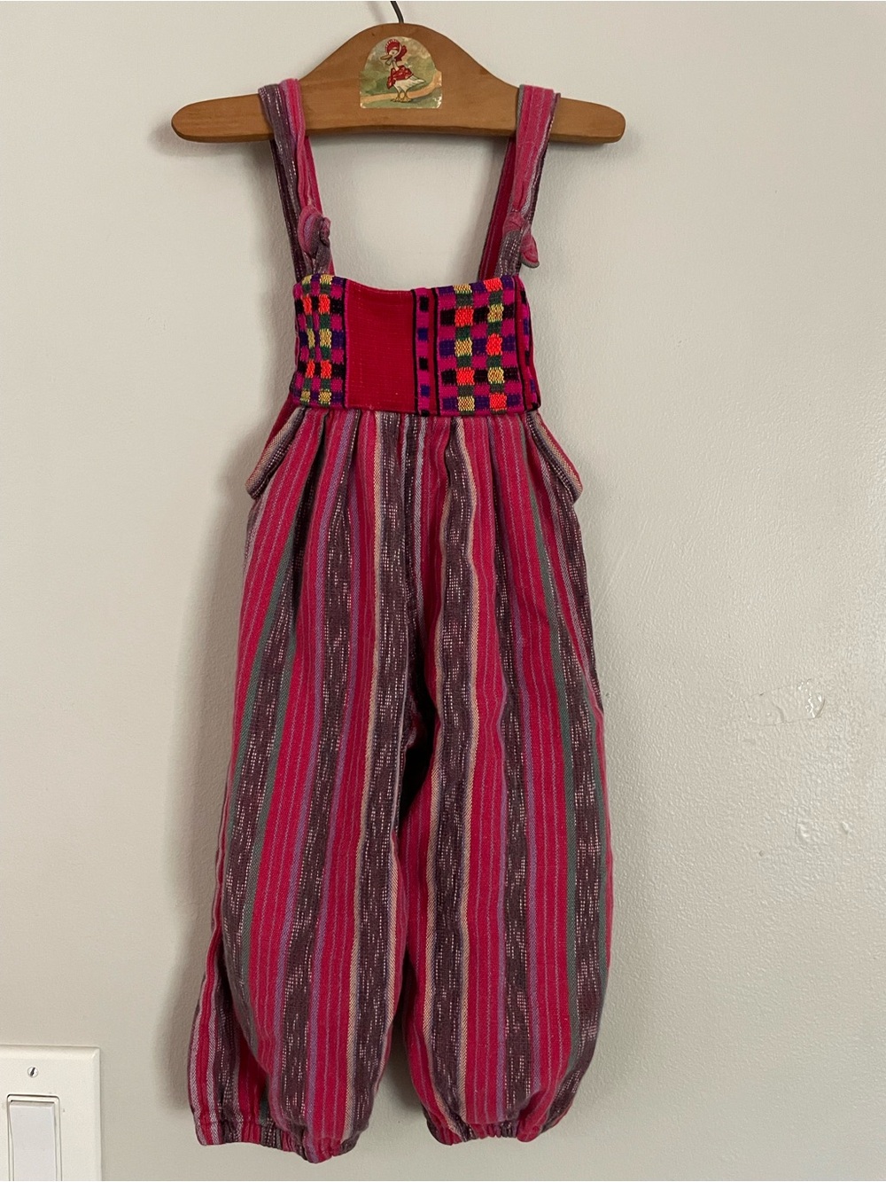 Vtg Guatemalan Handwoven Kids Boho Jumpsuit Overalls Pink Stripe Sz 4 Cotton
